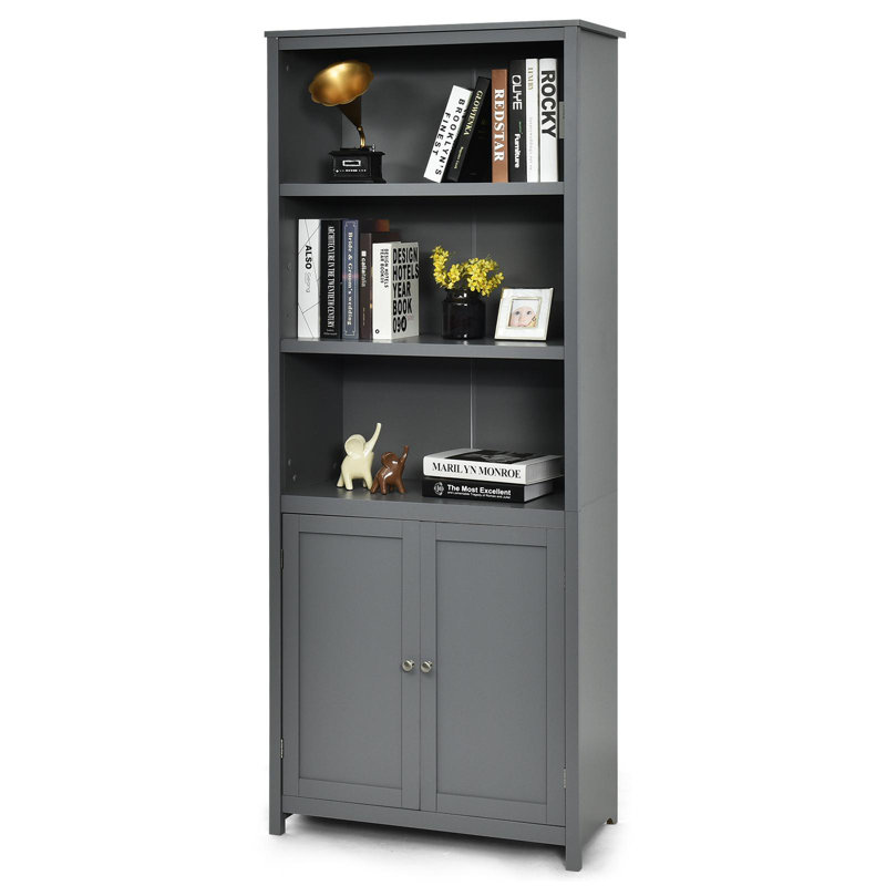 Standing Wooden Bookcase with 3 Tier Open Book Shelving and Double Doors, Gray