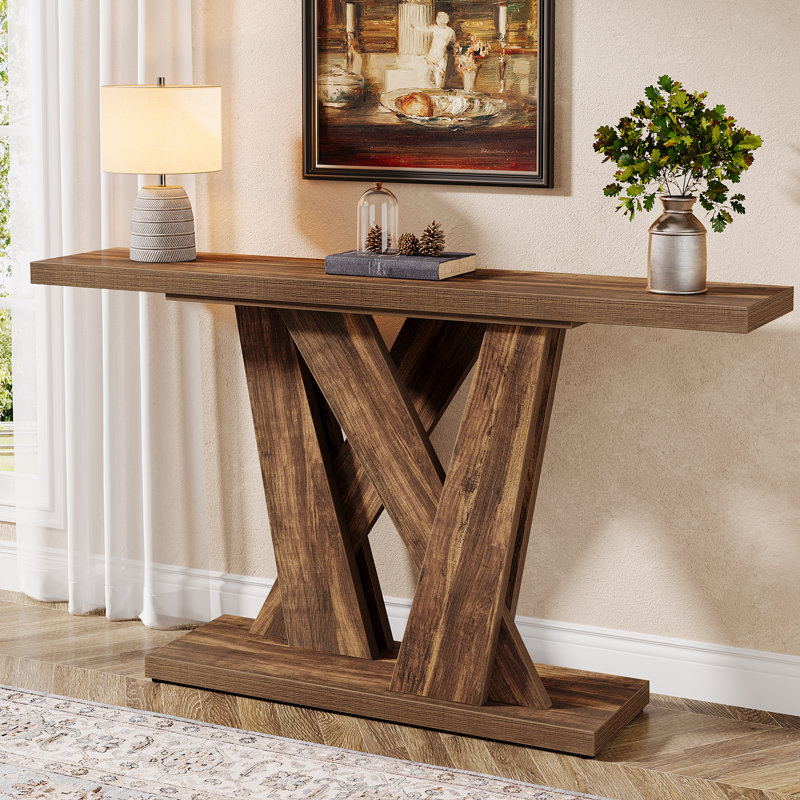 55'' Farmhouse Console Table, Entryway Table With Geometric Base, Brown