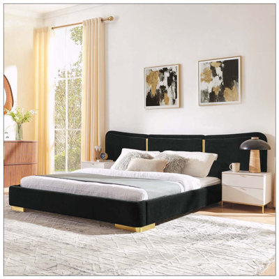 Extra Large Platform Bed, Soft Chenille Fabric Frame, Curved Headboard, Reinforced Electroplated Metal Legs