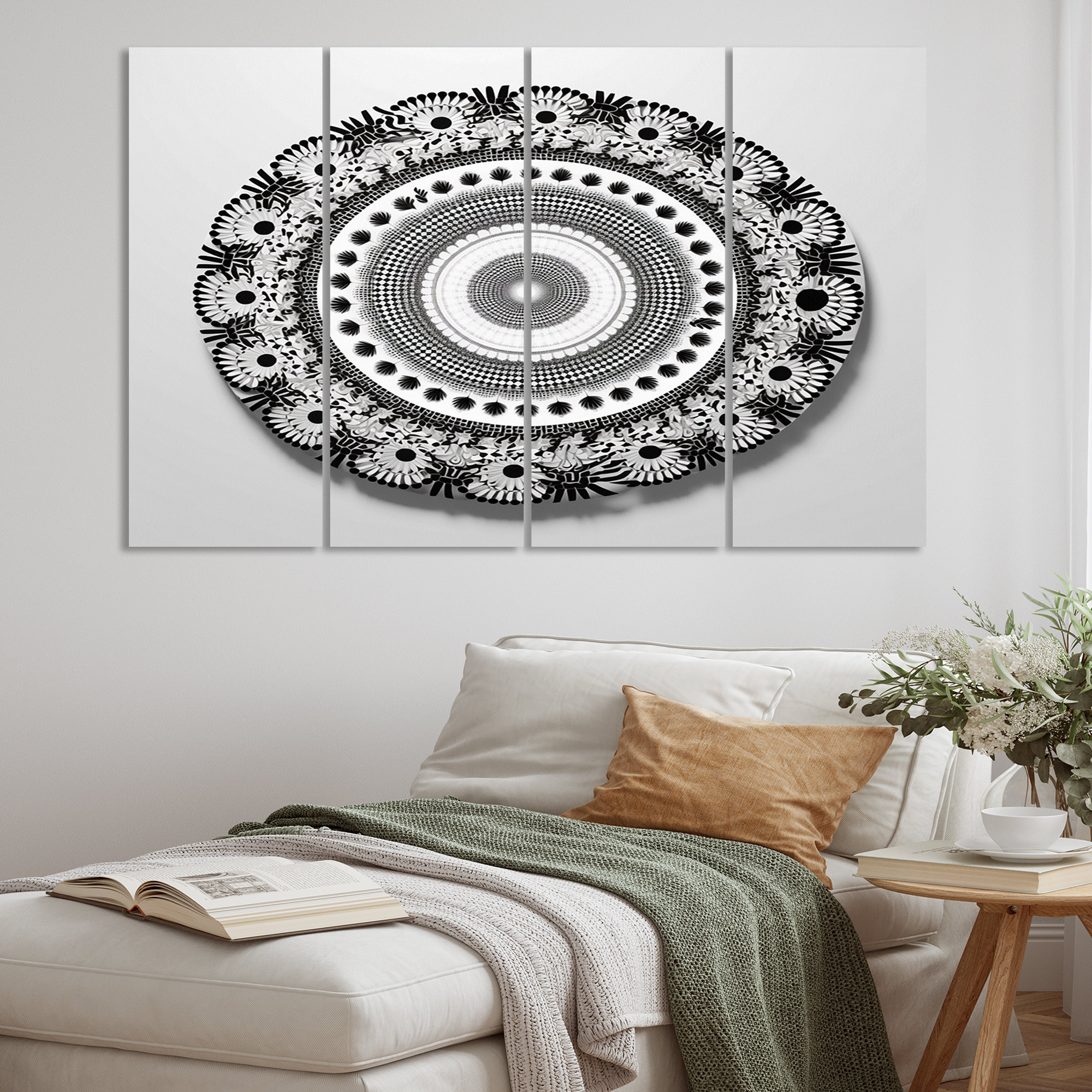 Black Indian Mandala Pattern Boho Geometric Abstract Chic Wall Art Framed  On Canvas 3 Pieces Print