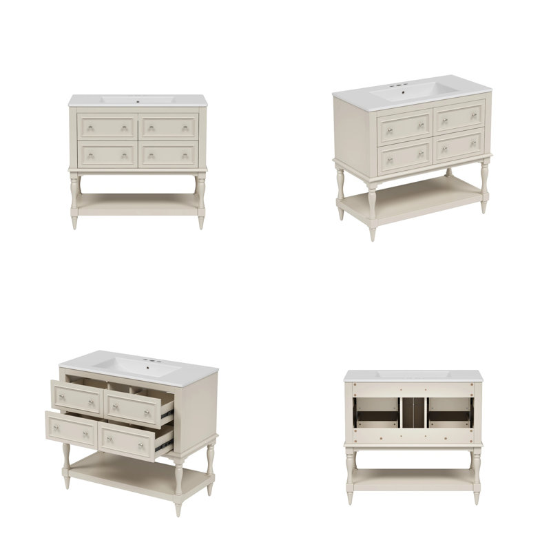 Meuble-lavabo 36 po avec lavabo sous-comptoir en céramique, 4 tiroirs d'extension et grande tablette de rangement, structure en bois d'hévéa massif, capacité de 300 lb, neutre moderne, prêt pour robinet central de 4 po