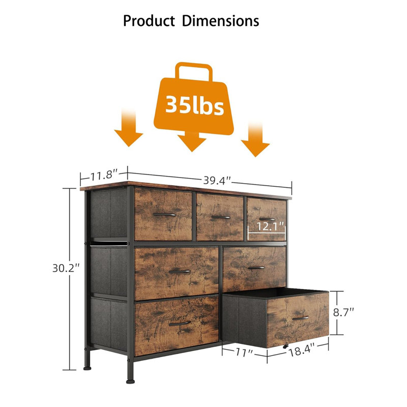 100 cm W Chest of 7 Drawers, Vintage Brown