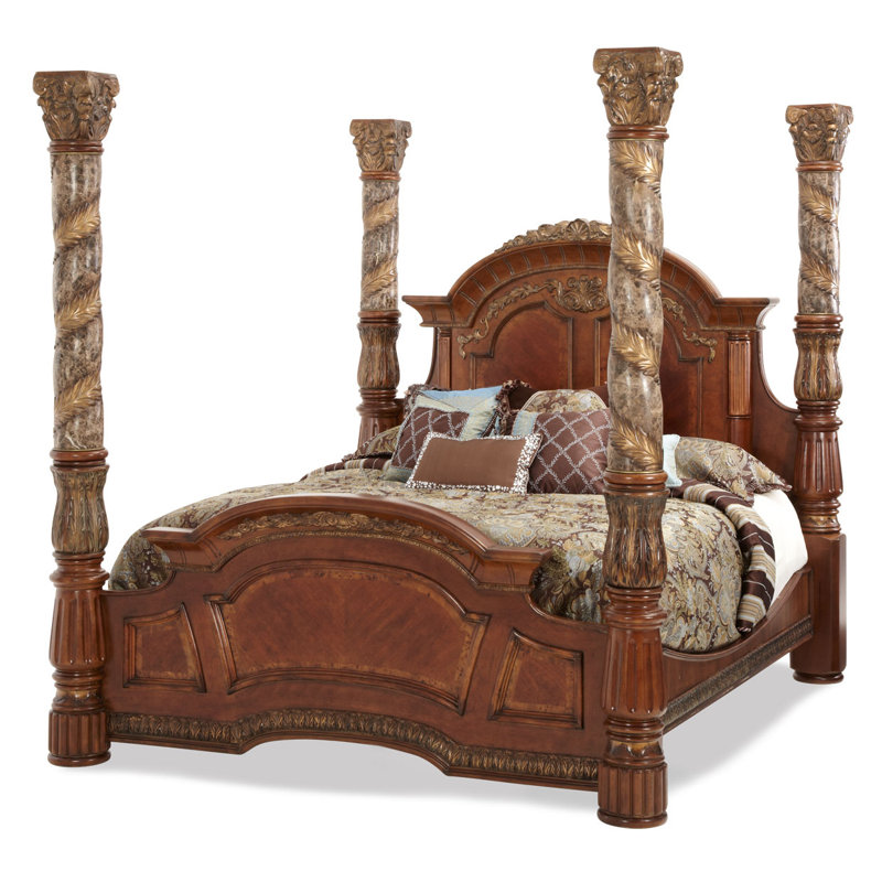 Villa Valencia Traditional Brown Wood California King Canopy Bed