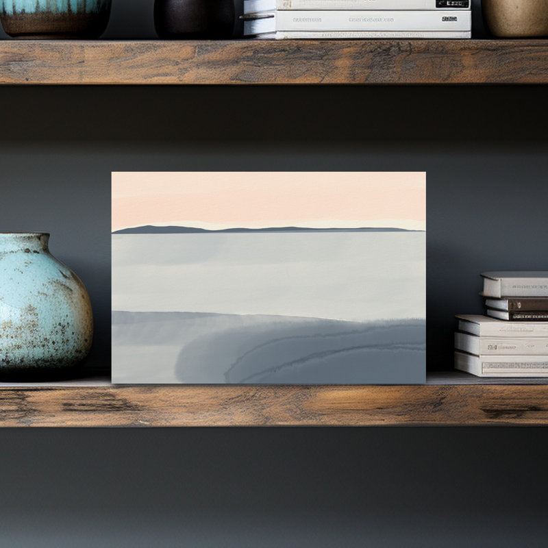 Ciel rose, eaux brumeuses, paysage abstrait et éthéré minimaliste, affiche murale représentant l'océan, 12" H x 18" W