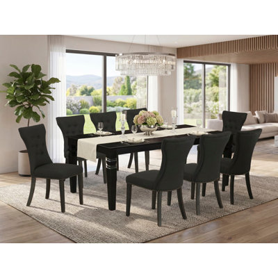 Ensemble de table de salle à manger 9 pièces comprenant une table de salle à manger rectangulaire avec feuille papillon et 8 chaises rembourrées en tissu noir, noir