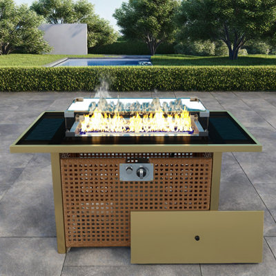 Propane Gas Fire Pit Table With Glass Wind Guard And An Open Basket-wave Patterned Wicker