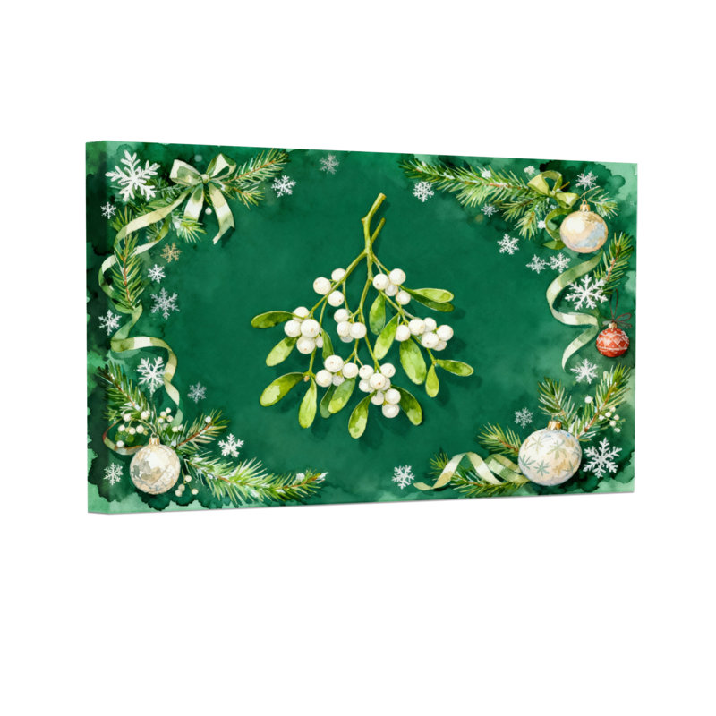 Décorations de Noël flocons de neige, rubans de pin, branches de pin, fond vert, ensemble de 3 impressions sur toile