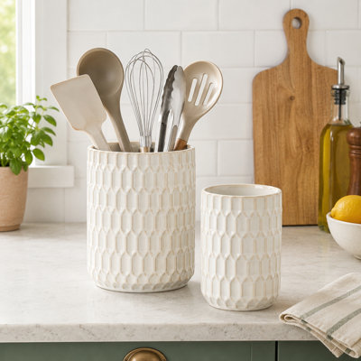 Set of 2 Beige Ceramic Utensil Holders (Large and Small), Thick Durable Countertop Organizer for Kitchen Tools, Farmhouse Decor