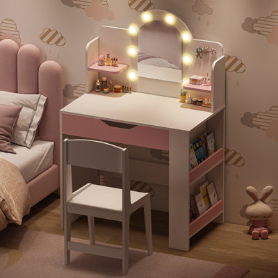 26"W 3-in-1 Kids Vanity Set with Lights, Wooden Toddler Makeup Vanity Table and Chair Set, Chalkboard & Bookshelf Design for Girls, Princess Dressing Table with Mirror, Stool and Storage Cabinet, White