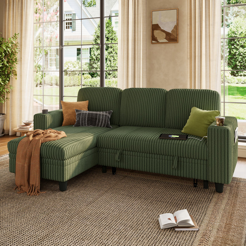 Sherry 81'' Upholstered Modular Sleeper Sectionals With Storage Chaise, USB Charging & Cup Holders