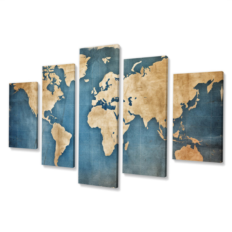 Ancienne carte du monde III - impression d'art mural - 5 panneaux