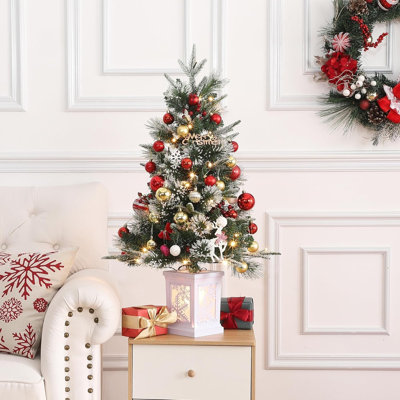 3ft Artificial Christmas Tree with 78 LED Lights and Snowflake Base, Battery Operated Xmas Pine Tree, Red Berry Decorations, for Home Christmas Decoration, Easy to Assemble