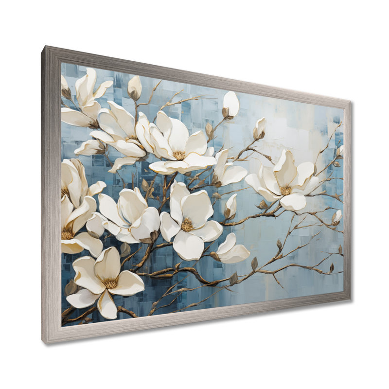«Blue and Gold Painted Magnolias VI», art mural sur toile Magnolias, H 24 po x l 32 po, Cadre photo unique, Argent argent