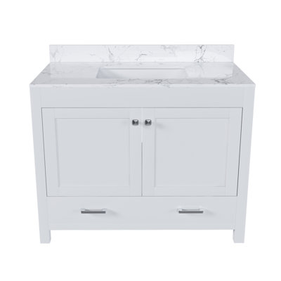 Ensemble de meuble-lavabo moderne 43 po avec plateau en marbre de Carrare blanc, armoire de salle de bain multifonctionnelle avec portes et tiroir, cadre solide et panneau en bois aggloméré (trois trous de robinet)