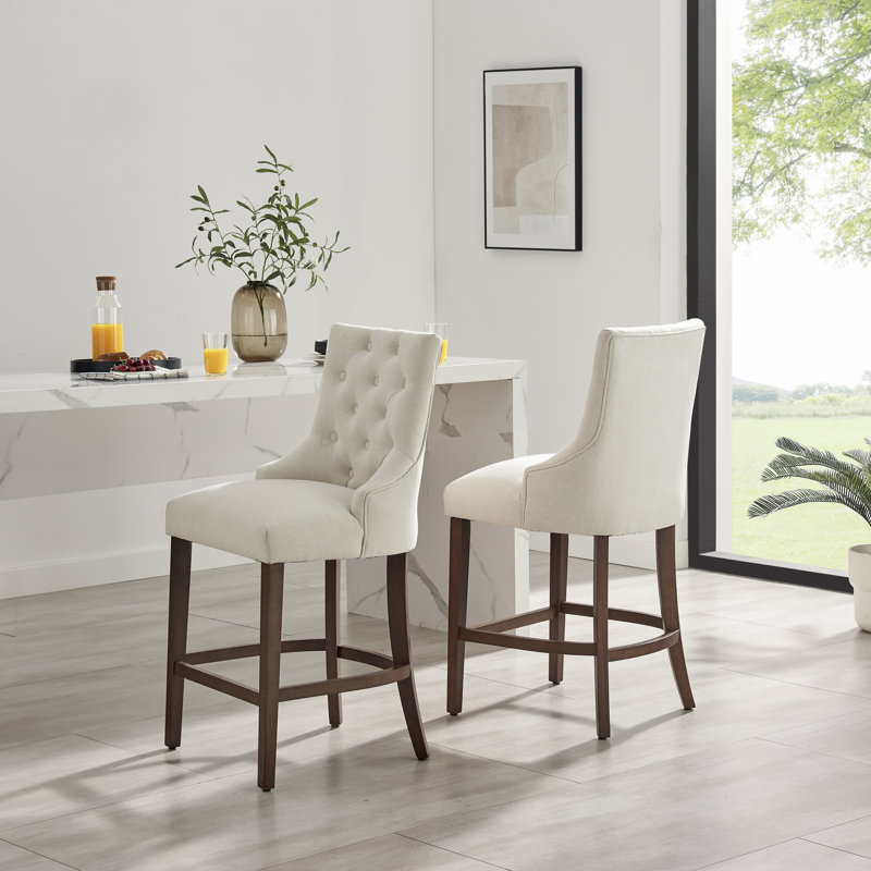 Eubanks Beige Linen Fabric Bar Chairs Wood Effect Legs - Luxury Modern Chesterfield Style, Walnut