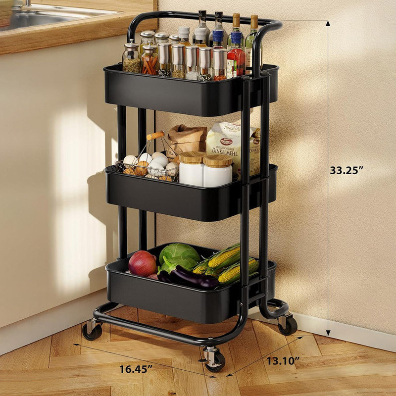 Black Metal 3-Tier Rolling Utility Cart with Wood Tabletop