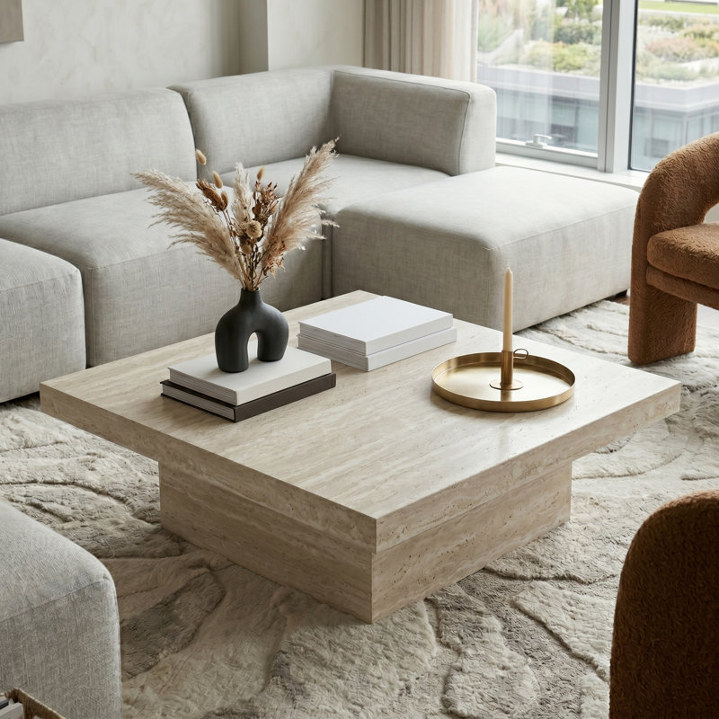 Caomhan Block Coffee Table, Travertin, 12.2" H x 35.4" L x 35.4" W