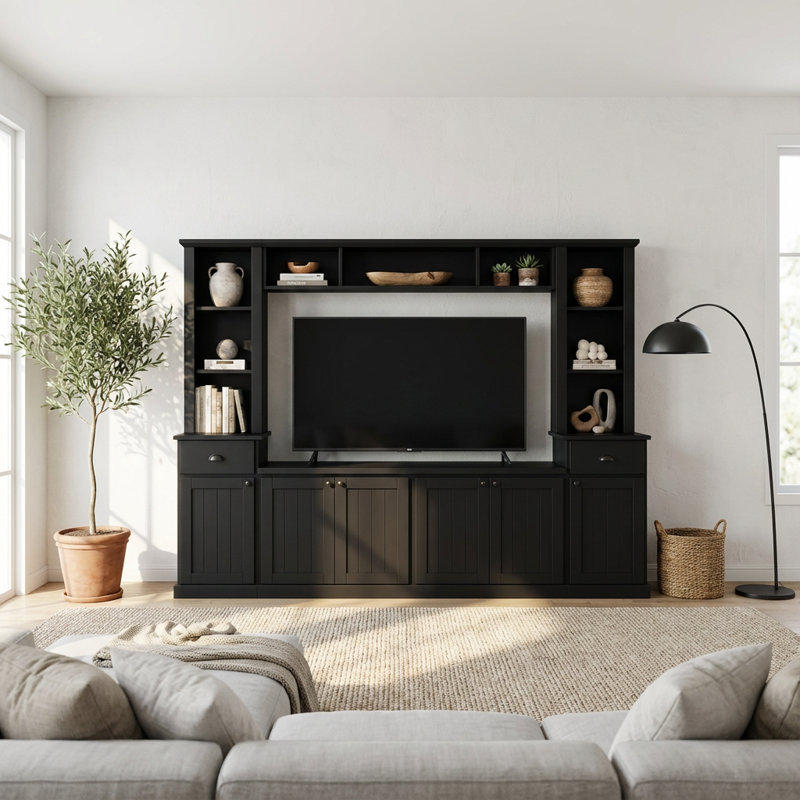 Système de divertissement mural modulaire contemporain avec pont de rangement compatible avec les grands téléviseurs à écran plat, avec tablettes réglables et plusieurs armoires de rangement pour un décor de salon moderne