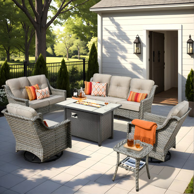 Demariea Outdoor Wicker 7 Person Seating Group With Fire Pit Table With Rocking And Swivel Chairs