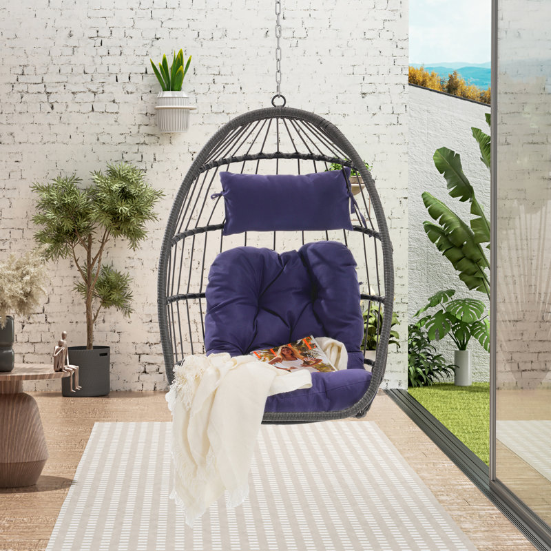 Fauteuil à œufs suspendu d'extérieur, bleu foncé, avec balançoire en tissu et coussin toutes saisons, support doux