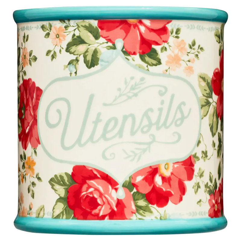 Pot à ustensiles vintage en grès floral, 7 po