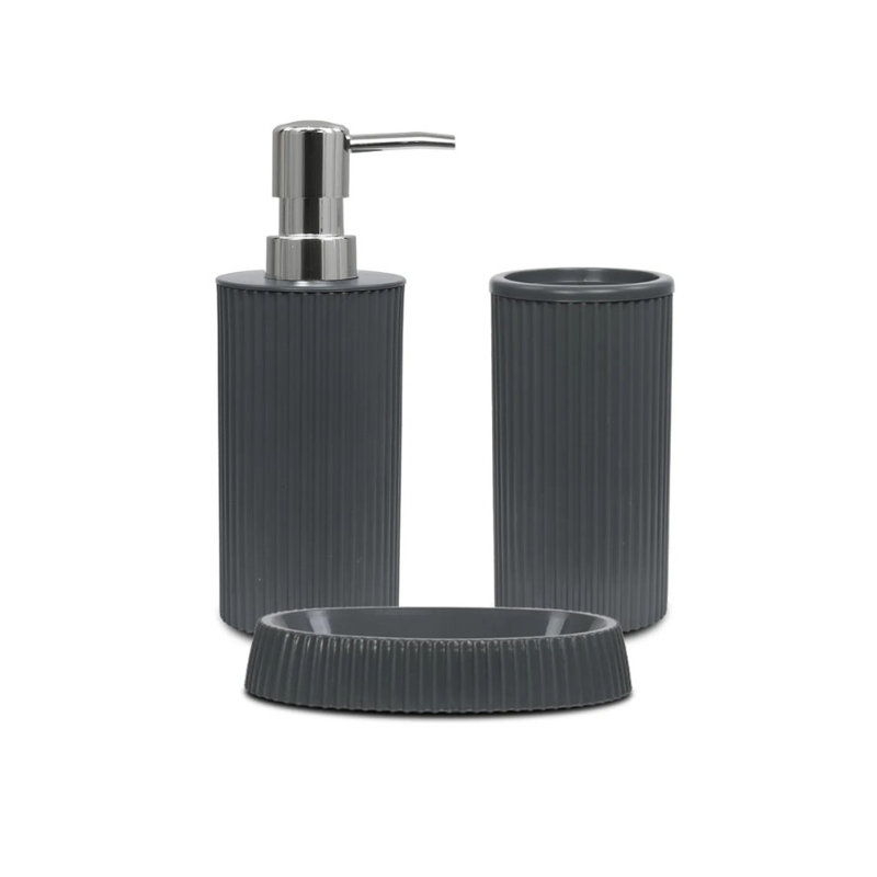 Ensemble de salle de bain élégant 3 pièces, couleur anthracite | 100% plastique durable | Comprend 6,9 x 2,6 x 3,9 po, 4,9 x 2,6 x 3,9 po et 1,0 x 5,1 po | Va au lave-vaisselle, parfait pour les salles de bain modernes et les articles de rangement essentiels