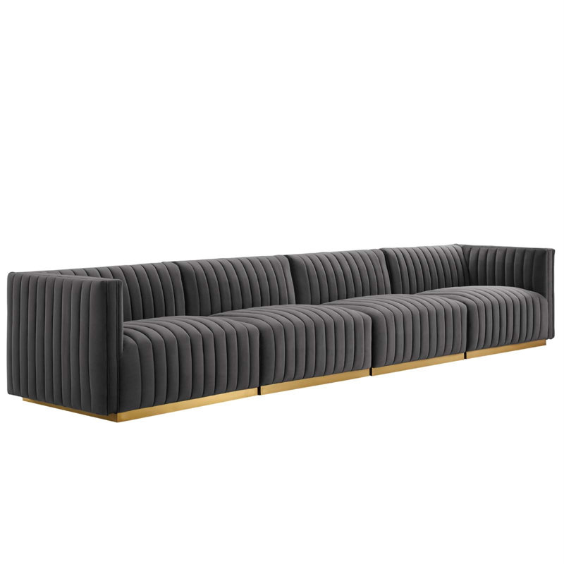 Elegant Gold Gray Velvet Tufted Sofa with Brushed Gold Base