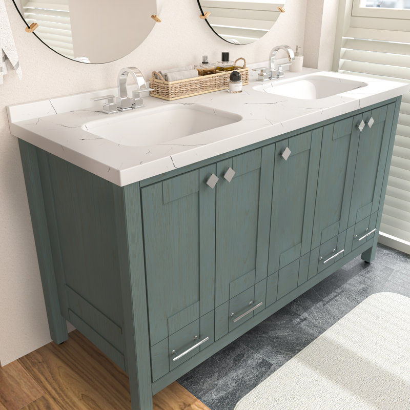 Kardelen 150 cm Freestanding Double Bathroom Vanity with One Tap Hole Marble Basin, Sea Green