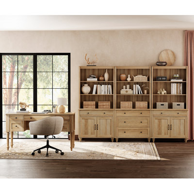 2 Piece Office Set, 56" Executive Desk, Bookcases With 5 Drawers And 2 Doors, Oak