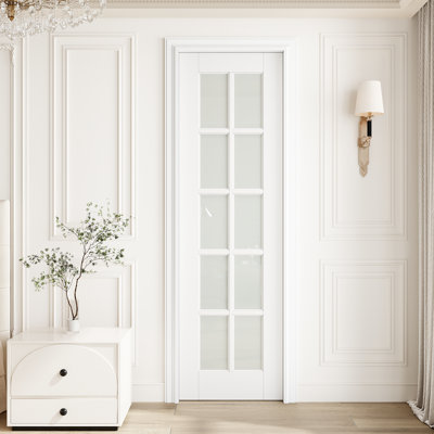 Porte intérieure à dalle en verre trempé givré 24 po x 80 po 10-Lite, porte intérieure à finition blanche prête à peindre, sans quincaillerie, pour la chambre à coucher, le placard, le couloir, le salon, le garde-manger et la salle de bain , Française et pliante