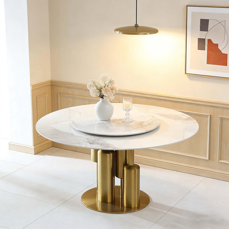 Eco-Friendly 59 Inch Round Sintered Stone Dining Table with Rotating Lazy Susan