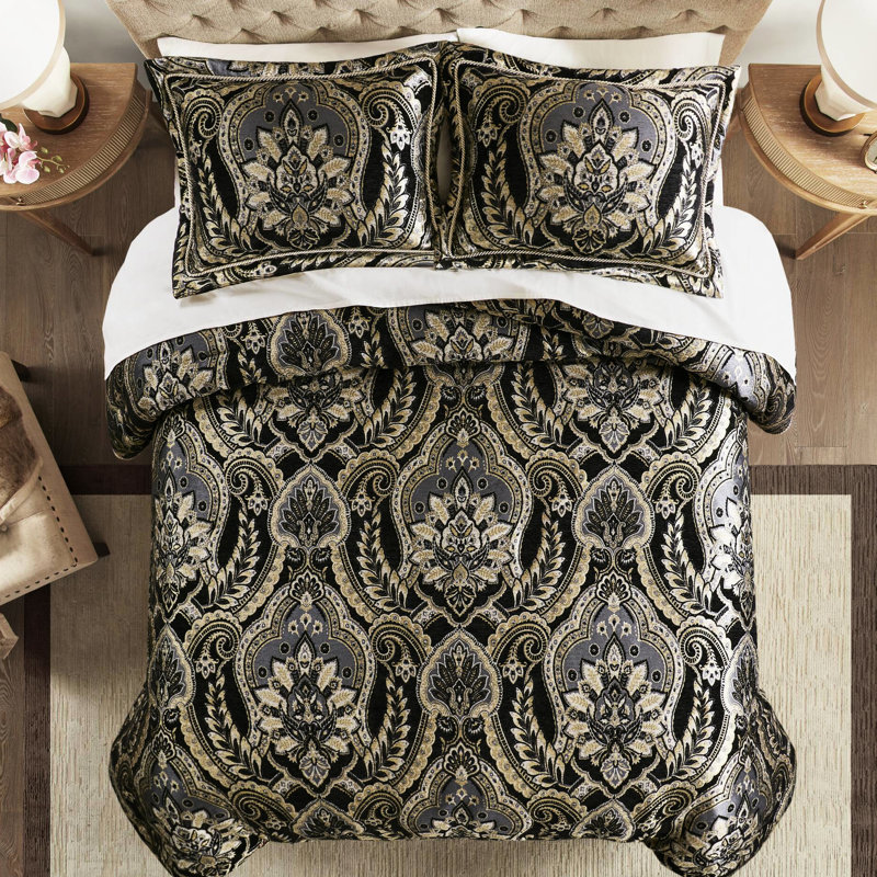 Très grand édredon 4 pièces - 1 édredon, 2 taies décoratives, jupe de lit, ornement exquis, fermeture à glissière cachée, chenille, structure avec design inclus processus amélioré 2022, satin antique, matériau