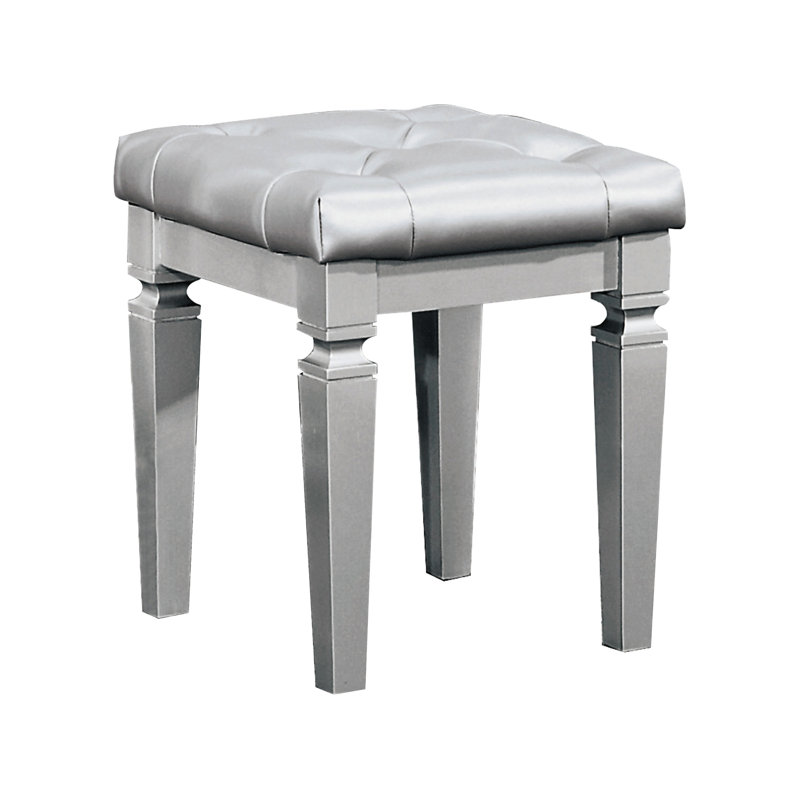 Silver Vanity Stool, Modern For Bedroom, Button - Faux Leather, Foam Cushion, 17"X19.07", Wood Frame Stool In Style 17"X17"X19.07",