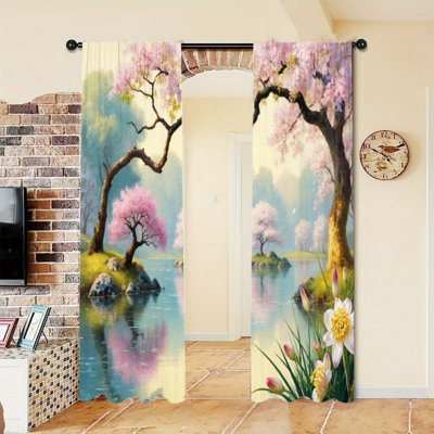 2PCS Japanese Cherry Blossom Landscape Scenic Print Light Filtering Curtain with Beautiful Water Reflection, Spring Garden Decor, Easy Hang Rod Pocket Design, All-Season Curtains for Home Living Room Bedroom Home Decoration