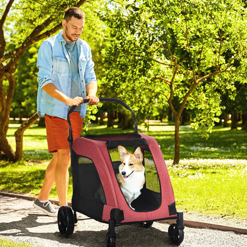 Poussette pour chien rouge en tissu rouge, rangement pour ventilation pliable de taille moyenne rouge, ventilé et avec panier