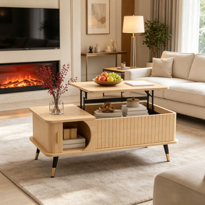 Table basse à plateau relevable en bois avec compartiment caché
