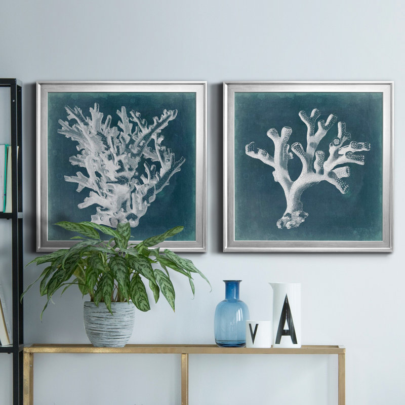 Azure Coral I - ensemble de 2 cadres photo sur toile, H 22,5 po x l 45 po x P 1,5 po, Toile avec cadre argenté