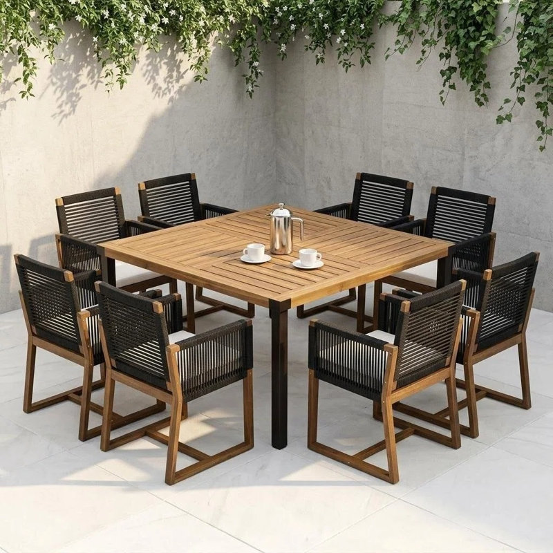 Sharp 9-Piece Modern Industrial Acacia Wood Patio Dining Set With Rope-Woven Armchairs And Acacia Top Iron-Leg Table
