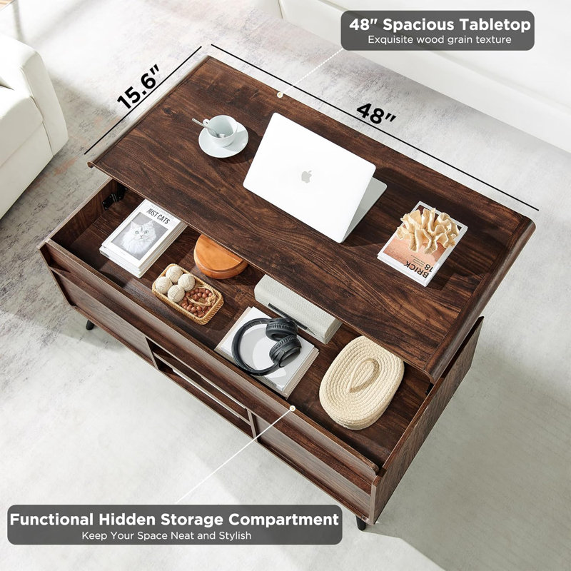 Table basse à plateau relevable avec rangement Taeven, Dark Walnut