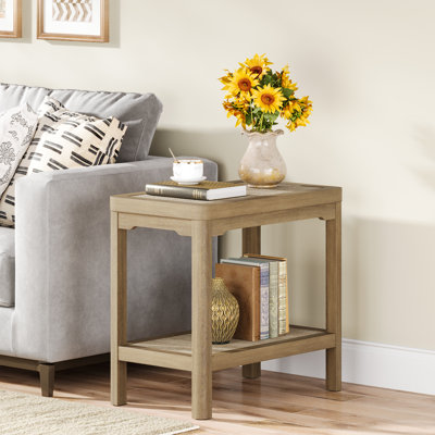 Night Stand Set Of 2, Farmhouse End Table With 2 Tier Boho Rattan Shelves