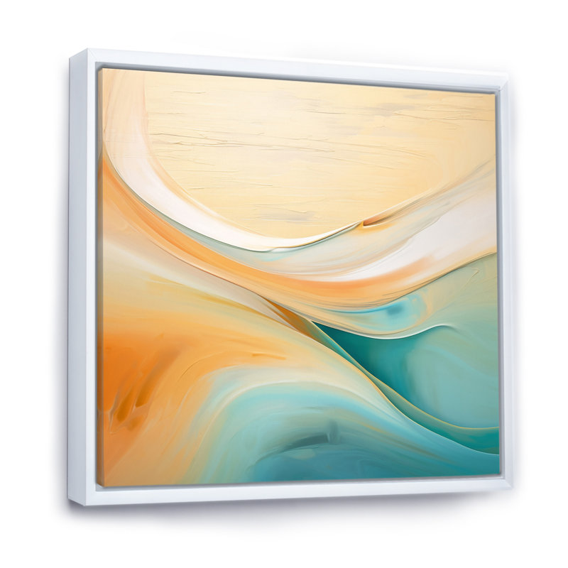 «Turquoise Wave Breaking At The Shore», art mural moderne sur toile géométrique, 24" H x 24" W, Cadre flottant blanc