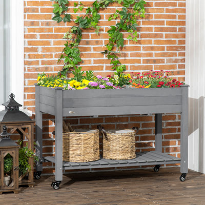Lit de jardin surélevé, 47 po x 22 po x 33 po, jardinière en bois surélevée avec roues verrouillables, tablette de rangement et doublure de lit pour la cour arrière, patio, gris foncé