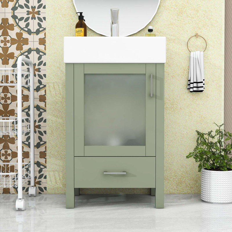 Meuble-lavabo de salle de bain avec lavabo et tiroirs, Vert