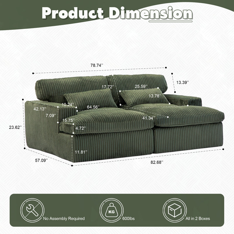 Canapé-lit désossé surdimensionné rembourré, H 37,01 po x l 82,68 po x P 57,09 po, Vert
