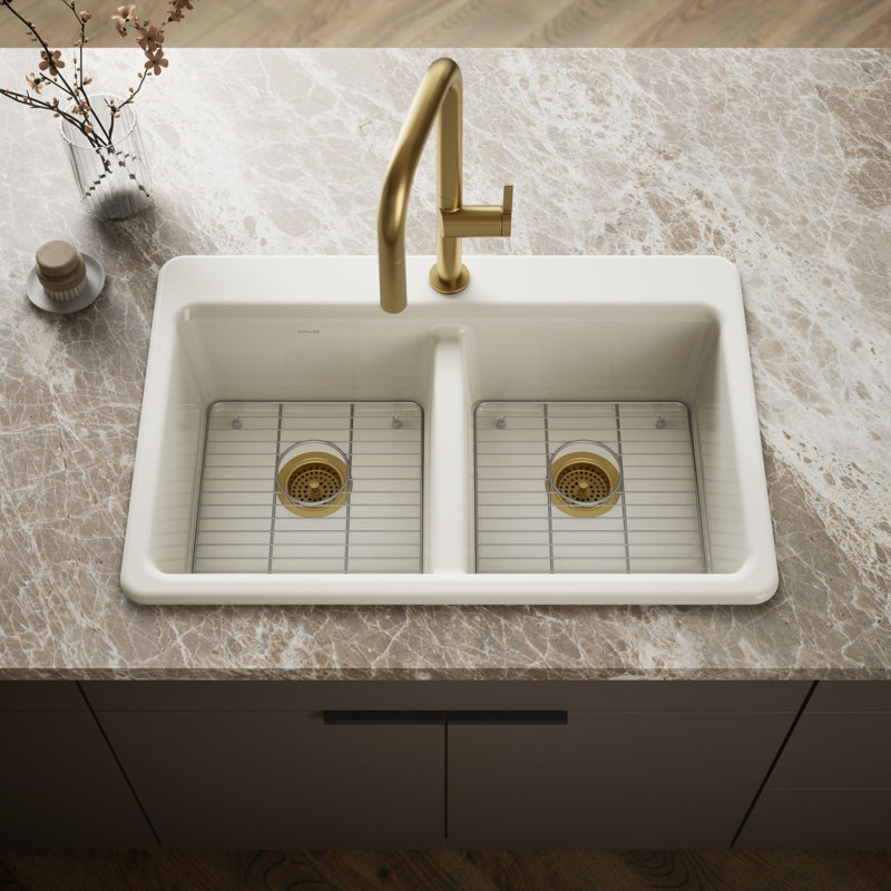 Riverby 33 In. Top-Mount Double-Bowl Kitchen Sink, Biscuit, 1 hole, Double-equal bowls