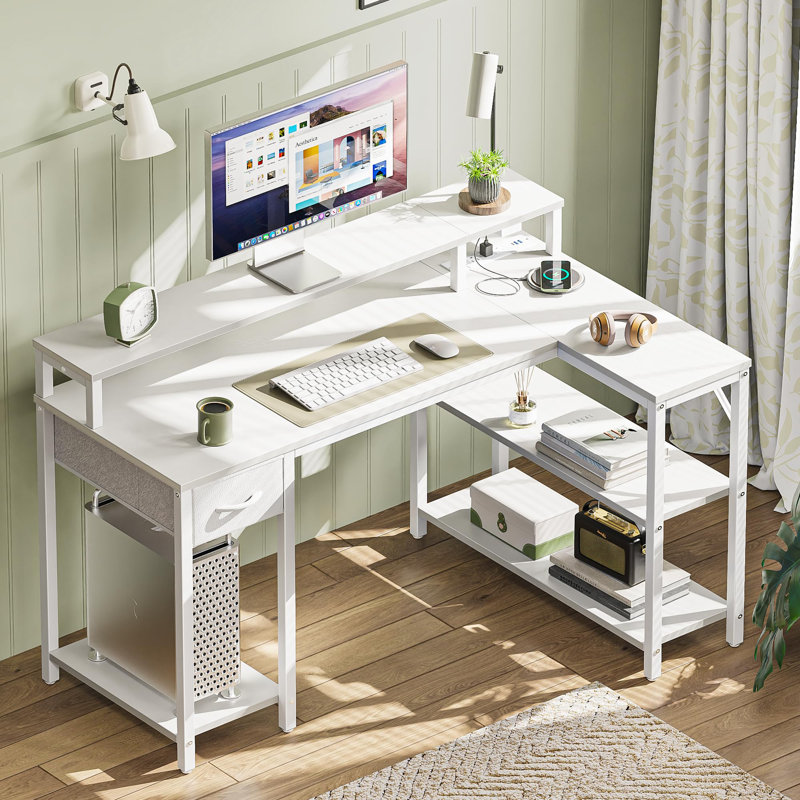 Reversible L Shaped Gaming Desk with Drawer, LED Lights & Power Outlets, Corner Computer Desk with Shelves & Monitor Stand
