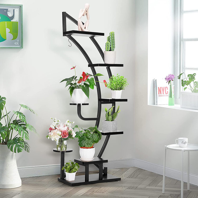 Support pour plante courbé à 6 niveaux avec support, Noir