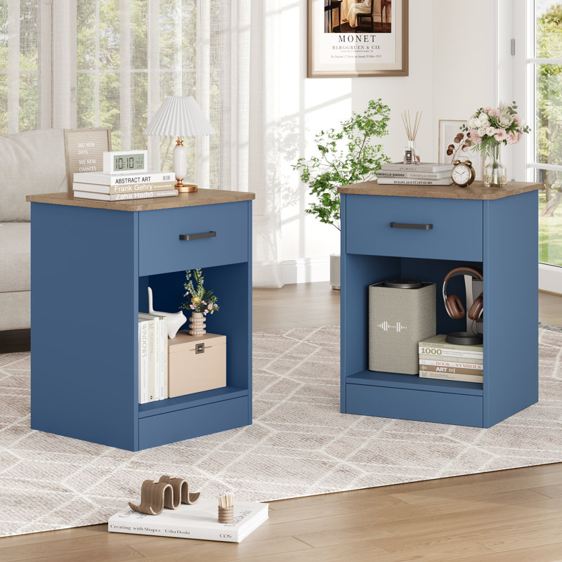 Table de chevet en bois avec tiroir Ignacio H 23,6 po, Ensemble de 2, Blue/Warm Wood