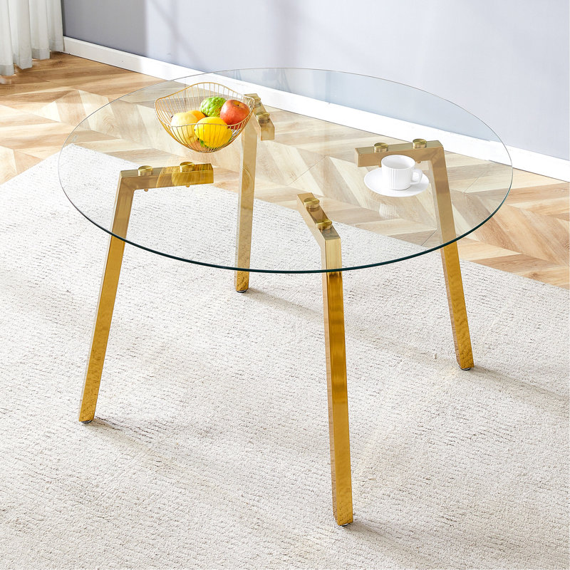 Modern Round Tempered Glass Dining Table, 29.5" H x 36" W x 36" D, Gold