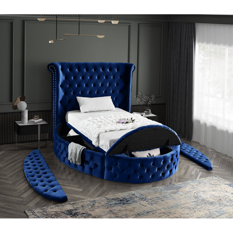 Dorgan Upholstered Wingback Bed, Twin, Navy Velvet
